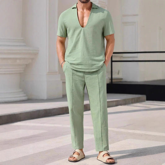 Men's Two-piece Set – Casual Fit – Breathable Fabric – V-neck Shirt & Pants
