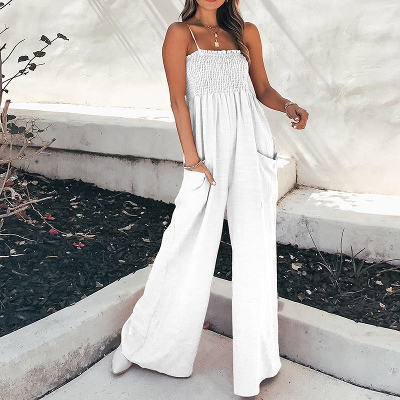 Women's Jumpsuit – Relaxed Fit – Ruched Bodice – Spaghetti Straps – Wide Legs