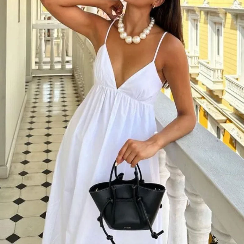 Women's Maxi Dress – Lightweight Cotton – V-Neck – Spaghetti Straps – Open Back