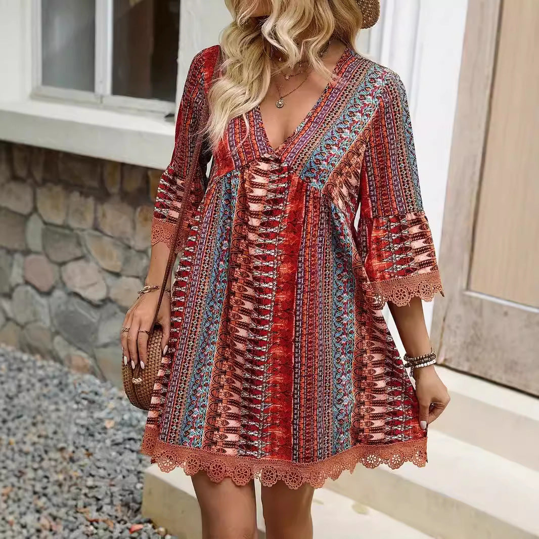 Women's Dress – A-Line Fit – Boho Pattern – V-Neck – 3/4 Sleeves – Lace – Breathable