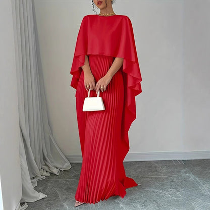 Women's Elegant Pleated Maxi Dress - Batwing Sleeves - High Neck - Flowing Fit
