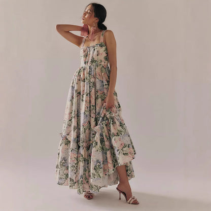 Women's Maxi Dress – Chiffon – Pleated Bohemian Style – Spaghetti Strap – Floral Print
