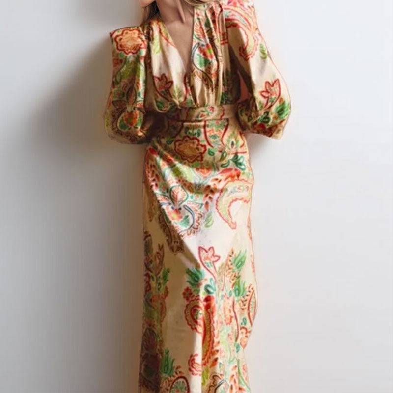 Dress for Women – A-line Cut – Satin Look – V-neck – Long Sleeves – Paisley Pattern