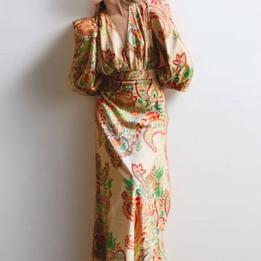 Dress for Women – A-line Cut – Satin Look – V-neck – Long Sleeves – Paisley Pattern