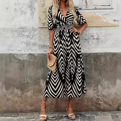 Women's Midi Dress – A-Line Cut – Lightweight and Breathable – V-Neck Wrap – Puff Sleeves – Belt