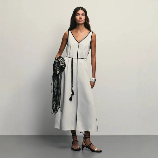 Dress for Women – Sleeveless – A-line Fit – U-neck – Waist Tie – Light and Breathable