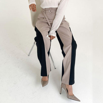 Women's Pants – Wide Leg – High Waist – Belt with Buckle – Color Block Design