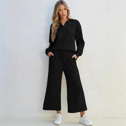 Women's Loungewear Set – Knit Two-piece – Relaxed Fit – Drawstring Waist – Full Length