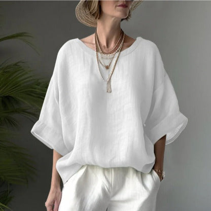 Women's Blouse – Oversized Fit – Cotton Linen – Round Neck – Elbow-Length Sleeves