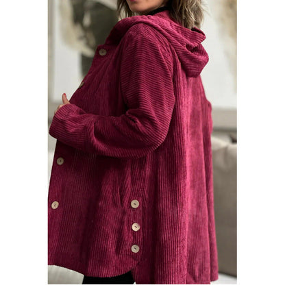 Women's Jacket with Hood – Corduroy – Relaxed Fit – Mid-Length – Button Details