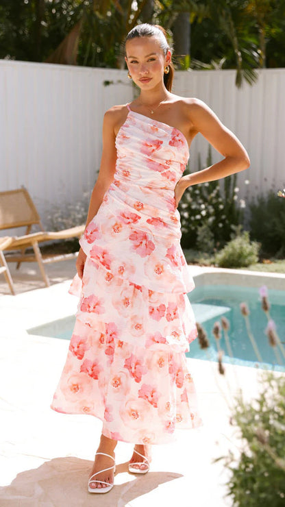 Dress for Women – Maxi Dress with Asymmetric Shoulder – Ruched Bodice – A-line Layer
