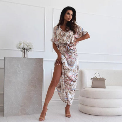Women's Midi Dress – Light Cotton – Floral Print – Tie Waist – Slit – Short Sleeve