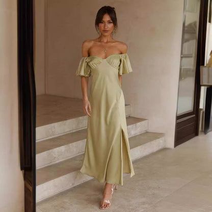 Dress for Women – Midi Length – Slim Fit – Satin Look – Off-Shoulder – V-Back – Slit