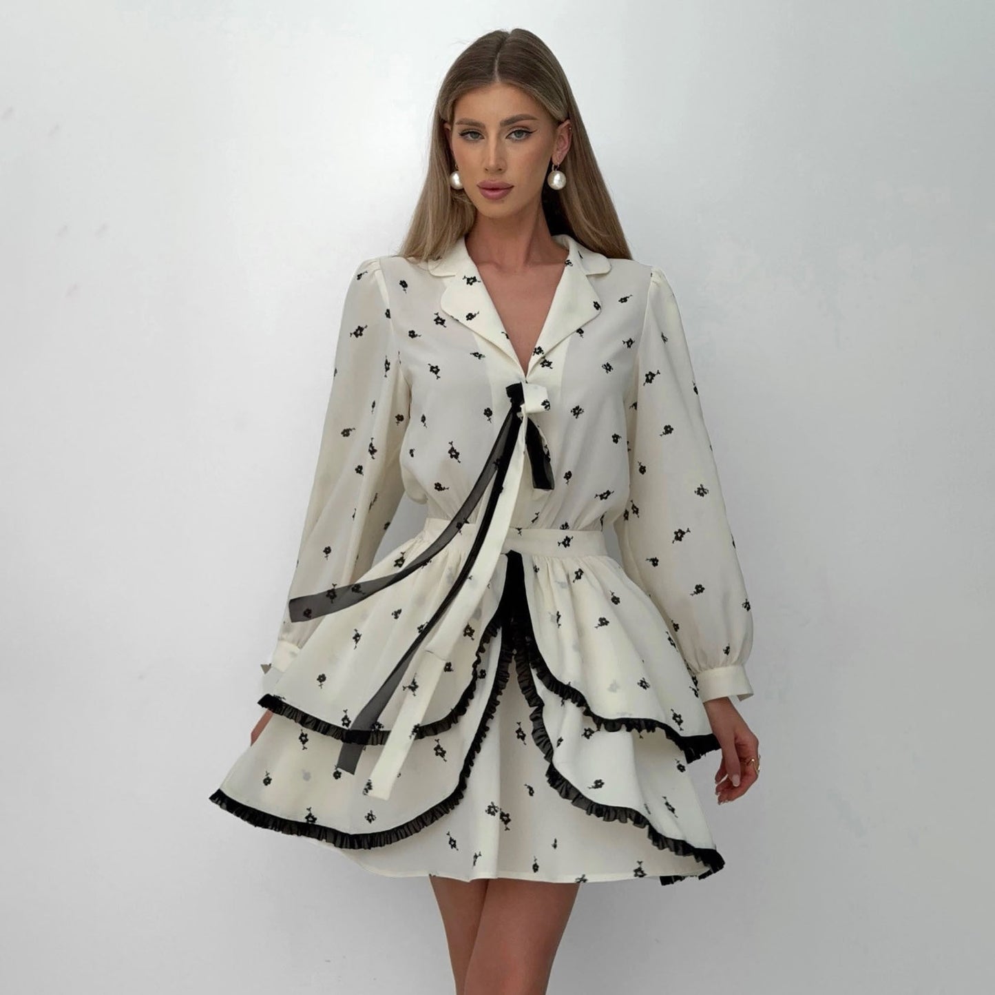 Women's Two-Piece Dress Set – Chiffon – V-Neck – Ruched Skirt – Floral Pattern