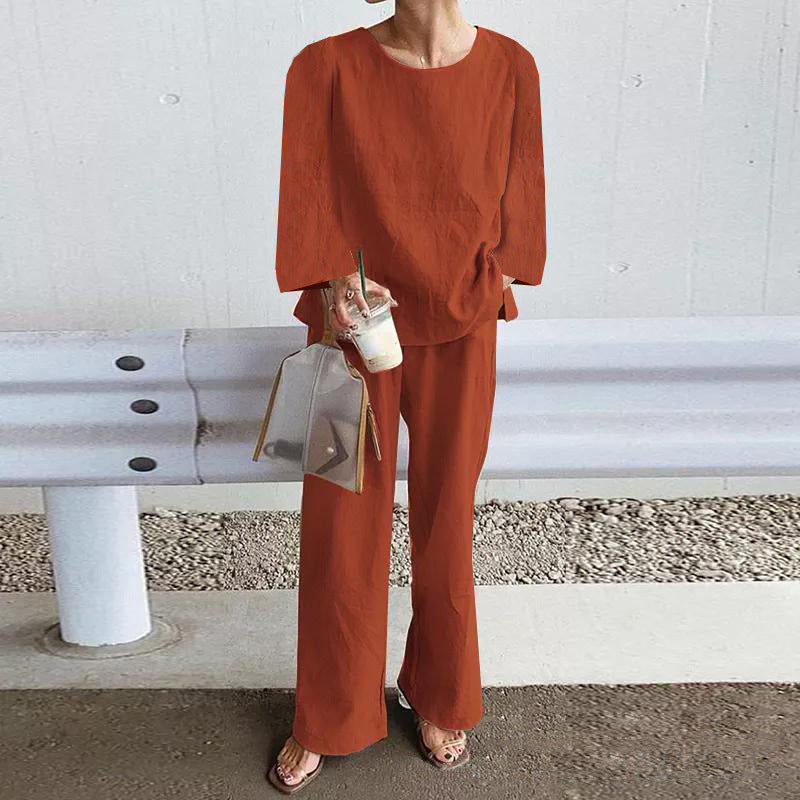 Women's Set – Linen – Relaxed Fit – Long-Sleeved Top – Wide Pants