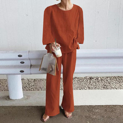 Women's Set – Linen – Relaxed Fit – Long-Sleeved Top – Wide Pants