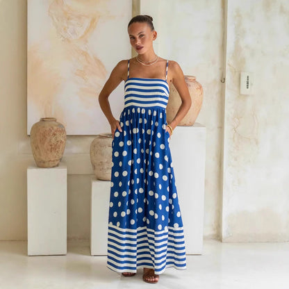 Women's Maxi Dress – A-Line Fit – Light Cotton – Spaghetti Straps – Pattern with Pockets