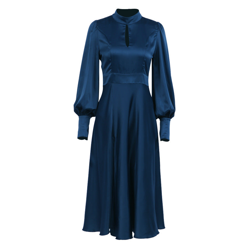 Dress for Women – Long A-line – Satin – High Neck – Puff Sleeves – Elegant Fit