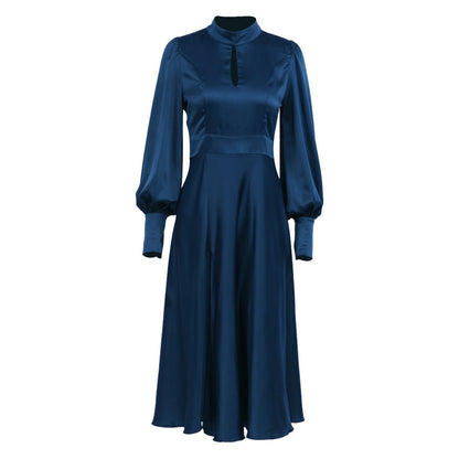 Dress for Women – Long A-line – Satin – High Neck – Puff Sleeves – Elegant Fit