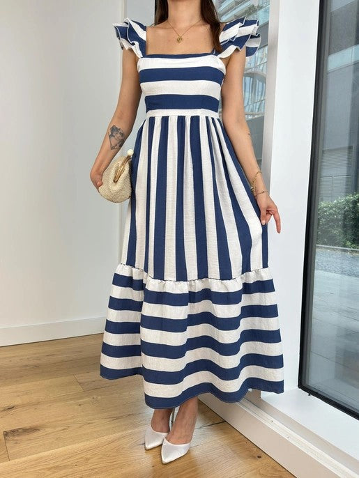 Women's Midi Dress – Cotton Blend – Relaxed Fit – Off Shoulder – Striped – Ruffle Sleeves
