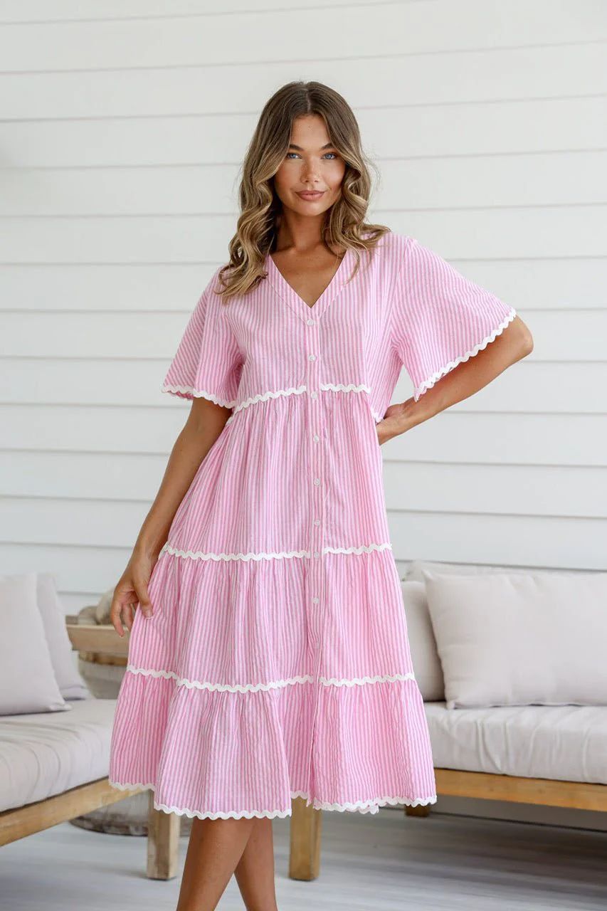 Dress for Women – V-Neck – Loose Fit – Layered Design with Lace Trim
