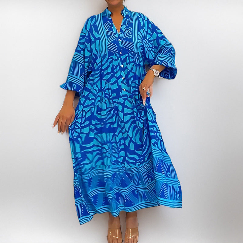 Women's Dress – Loose Fit – Lightweight Fabric – Mid-Length – Print – Button Closure – Rolled-Up Sleeves