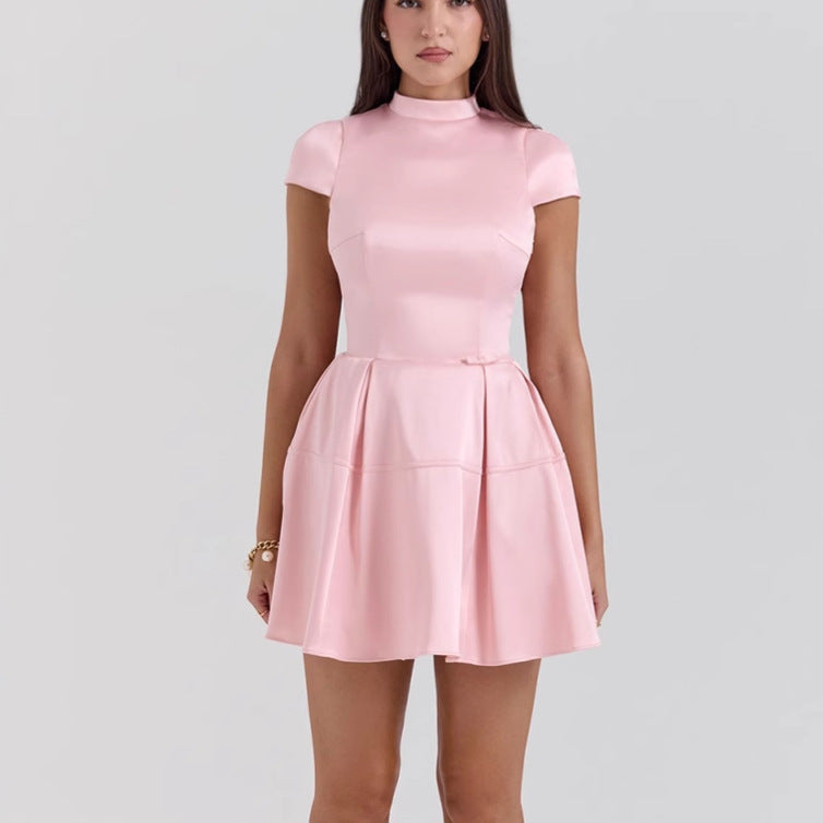 Women's Mini Dress – Sleeveless – High Neck – A-Line Cut with Pleated Skirt – Satin Look