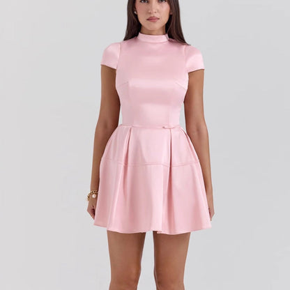 Women's Mini Dress – Sleeveless – High Neck – A-Line Cut with Pleated Skirt – Satin Look