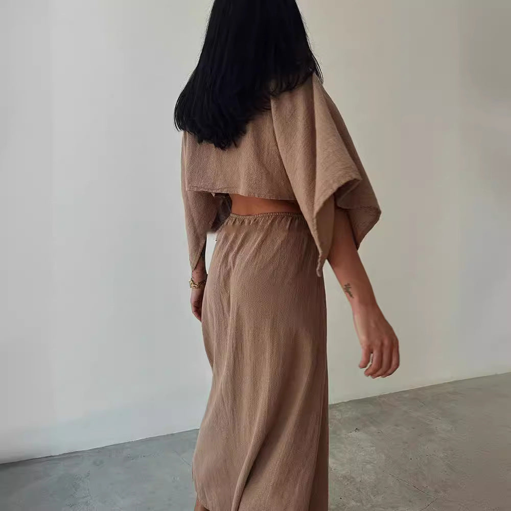 Women's Maxi Dress – Slim Fit – Cotton Linen Mix – V-neck – High Slits – Waist Cutout