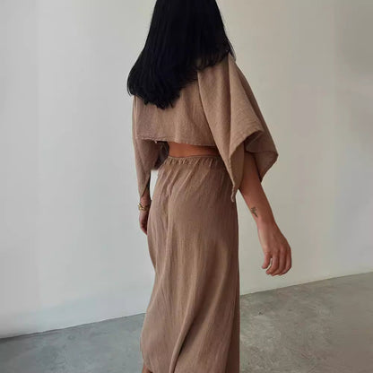 Women's Maxi Dress – Slim Fit – Cotton Linen Mix – V-neck – High Slits – Waist Cutout