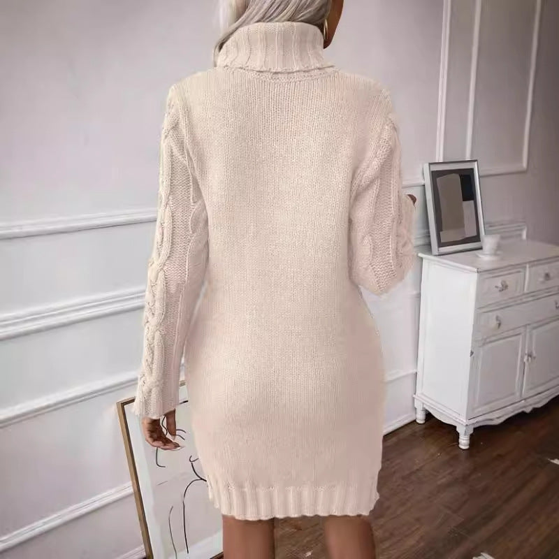 Women's Sweater Dress – Wool Blend – Slim Fit – Cable Knit – Turtleneck – Mini Length