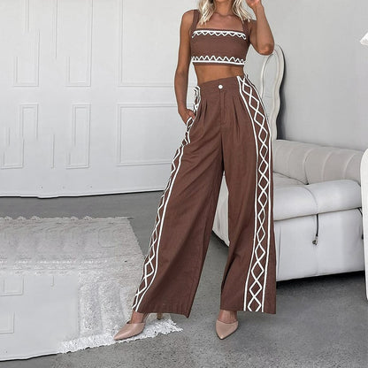 Women's Two-piece Set – Asymmetric Crop Top – High Waist Pants – Wide Leg – Print