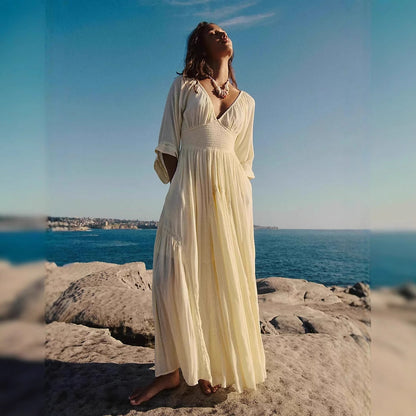 Women's Maxi Dress – Cotton Blend – V-Neck – Empire Waist – Loose Fit
