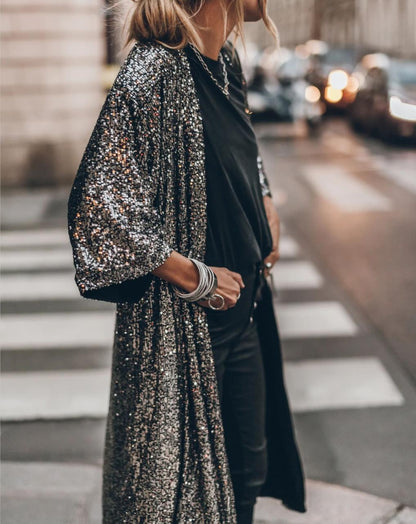 Isla Sequin Embellished Relaxed Fit Cardigan | Open Front Three-Quarter Sleeve Cardigan