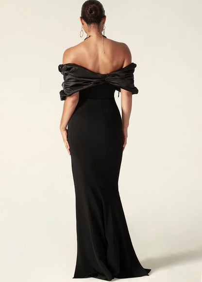 Women's Evening Dress - Off-Shoulder - Draped Bodice - High Slit - Elegant Party Dress