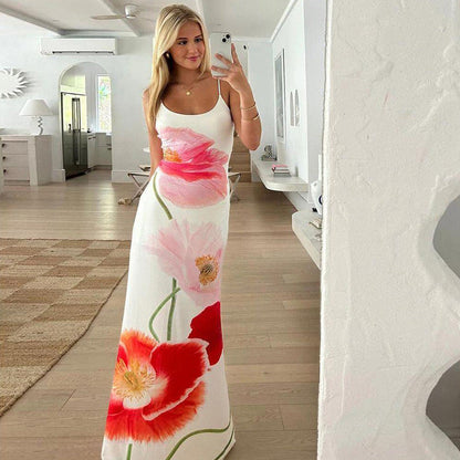 Dress for Women – Maxi Length – Slim Fit – Spaghetti Straps – Low Back – Floral Print