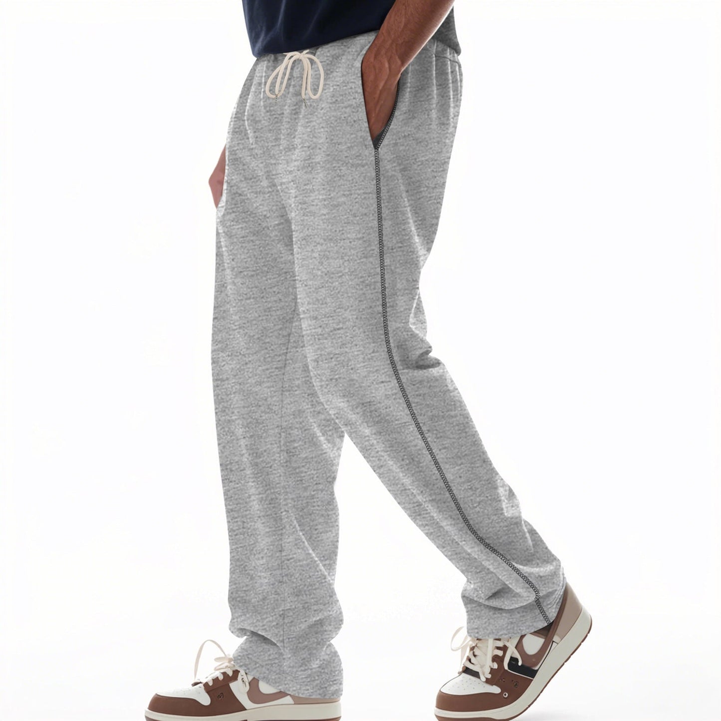 Men's Trousers – Relaxed Fit – Cotton Terry – Drawstring Waist – Side Pockets – Full Length