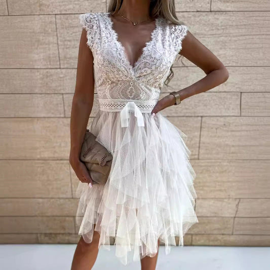 Party Dress for Women – Lace Top – V-Neck – Sleeveless – Tulle Skirt – Knee Length