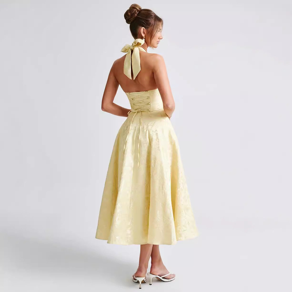 Dress for Women – Halterneck – Jacquard – V-Neck – Tie-Belt – Maxi Length