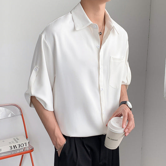 Men's Shirt with Short Sleeves – Relaxed Fit – Light Silky Material – Button Closure