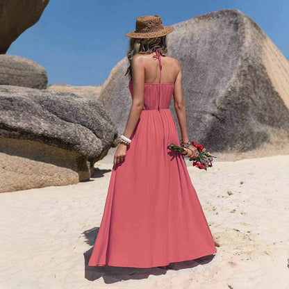 Dress for Women – Halterneck Maxi Dress – Light Cotton – Front Bow – High Slit