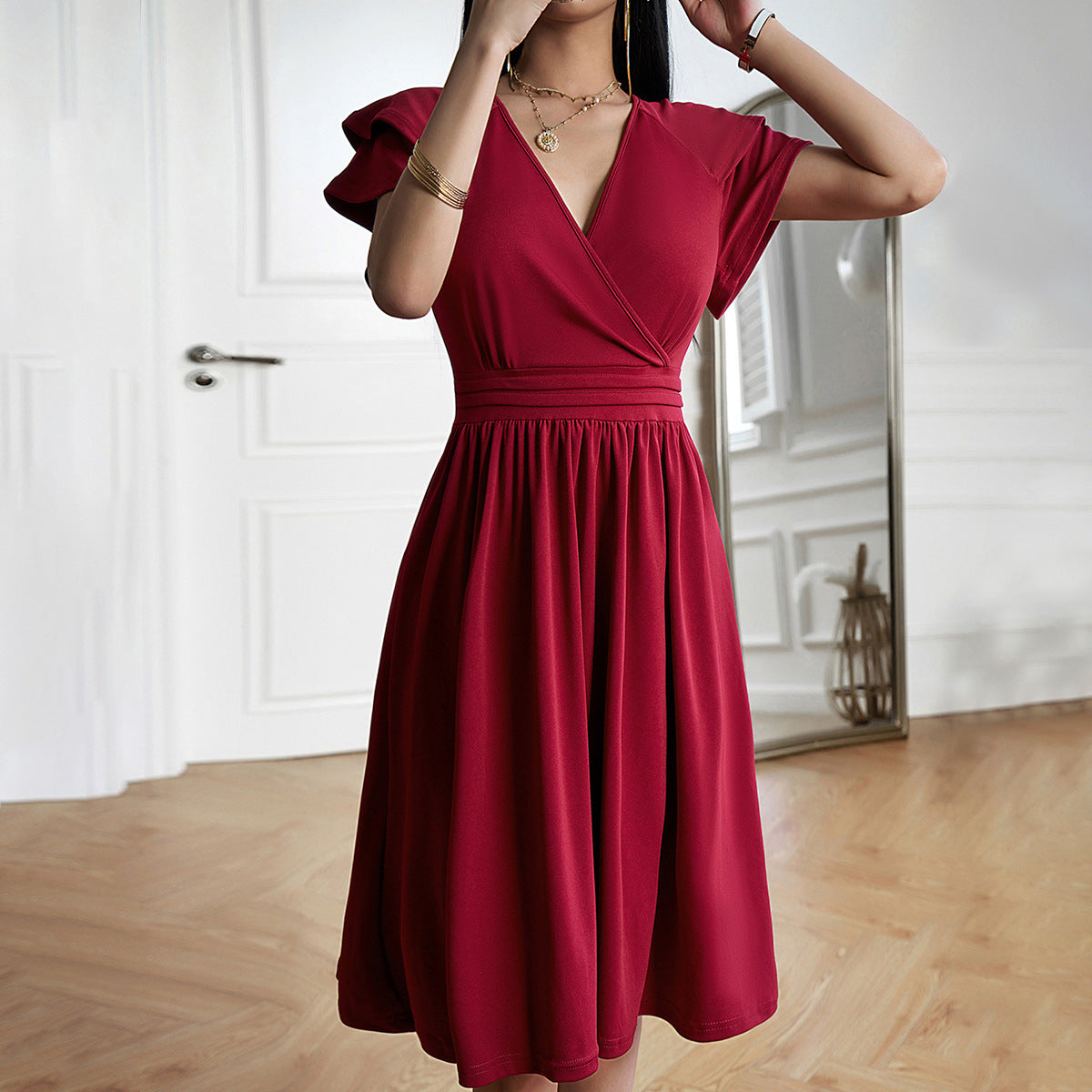 Women's Dress - V-Neck Wrap Design - Short Ruffle Sleeves - Elegant Midi Length Cut
