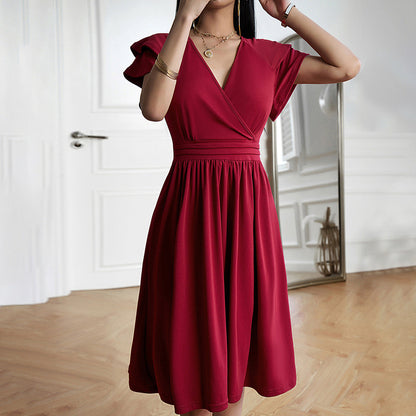 Women's Dress - V-Neck Wrap Design - Short Ruffle Sleeves - Elegant Midi Length Cut