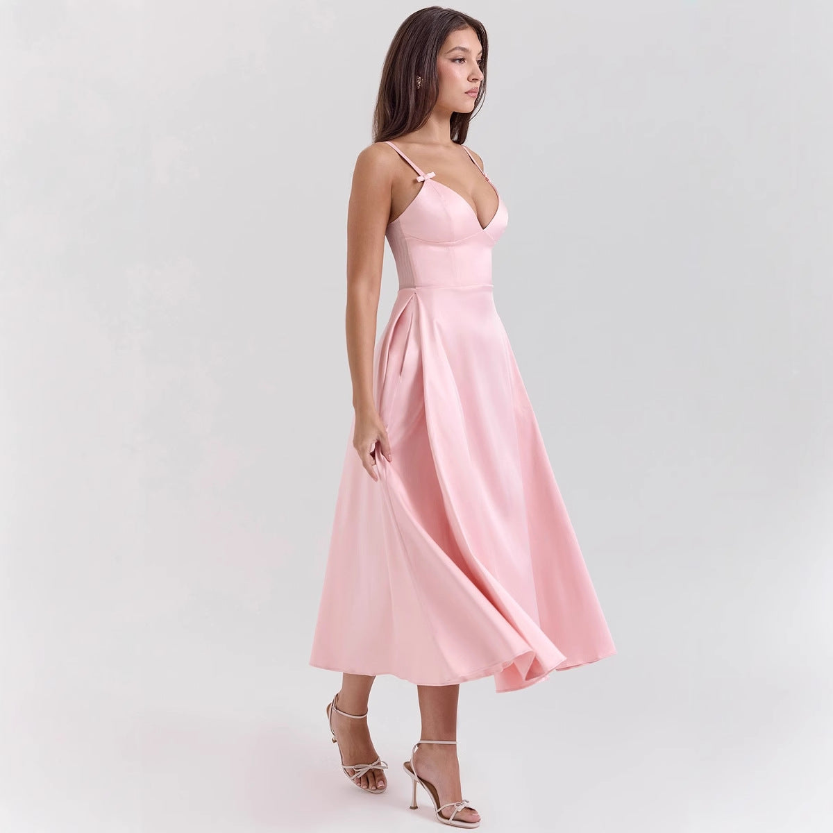 Dress for Women – Satin Look – V-Neck – Spaghetti Straps – A-Line – Midi Length