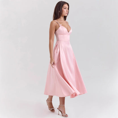 Dress for Women – Satin Look – V-Neck – Spaghetti Straps – A-Line – Midi Length
