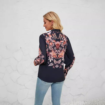 Women's Blouse – Relaxed Fit – Button Closure – Stand Collar – Floral Pattern – Long Sleeves
