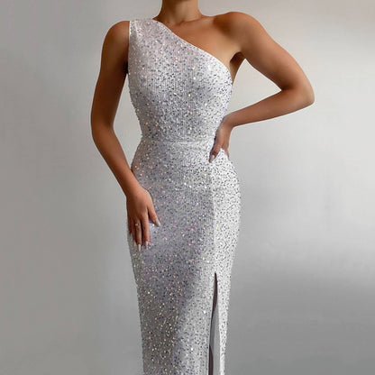 Dress for Women – One-Shoulder – Slim Fit – Sequins – Long with Slit