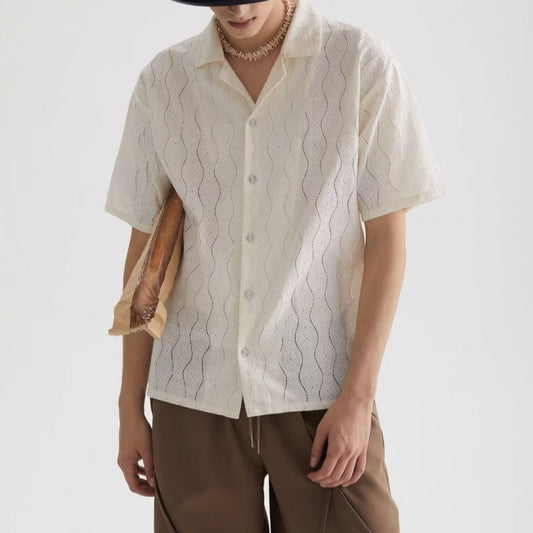 Men's Shirt with Short Sleeves – Oversized Fit – Cotton Blend with Lace – Cuban Collar