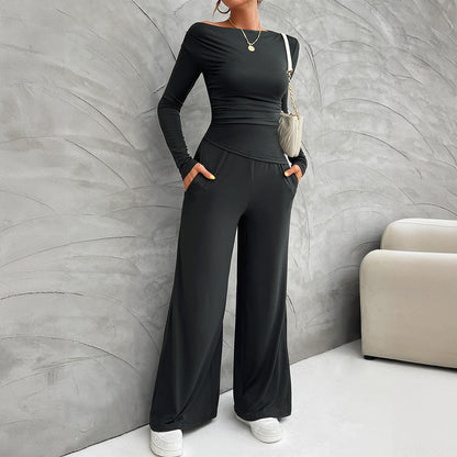 Women's Set – Slim Fit Long-Sleeve Top – High-Waisted Wide Pants – Stretchable Comfort