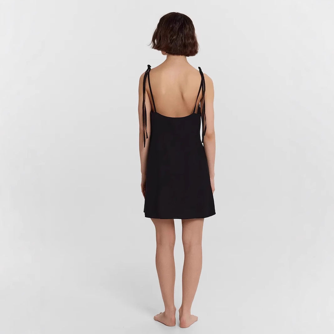 Women's Slip Dress – Satin – Slim Fit – V-Neck – Spaghetti Straps with Bow